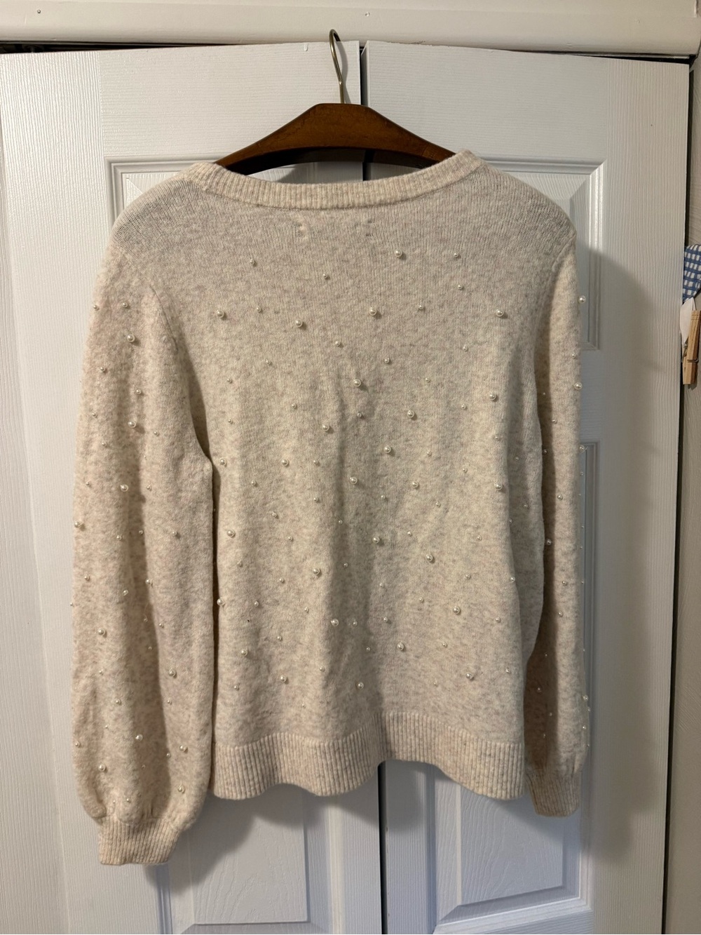 LOFT Cream Crewneck Sweater with Pearl Embellishments